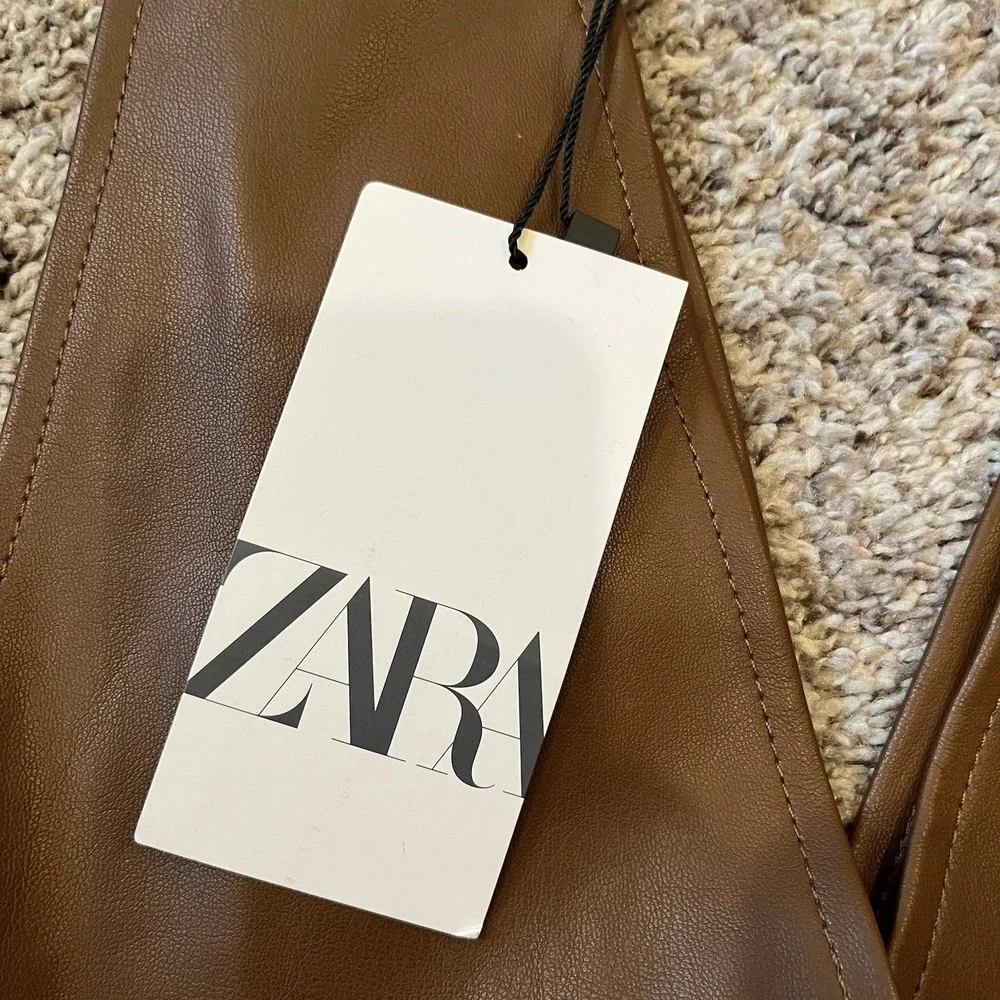Zara Brown Faux Leather Pleated Strapless Pinafore Dress